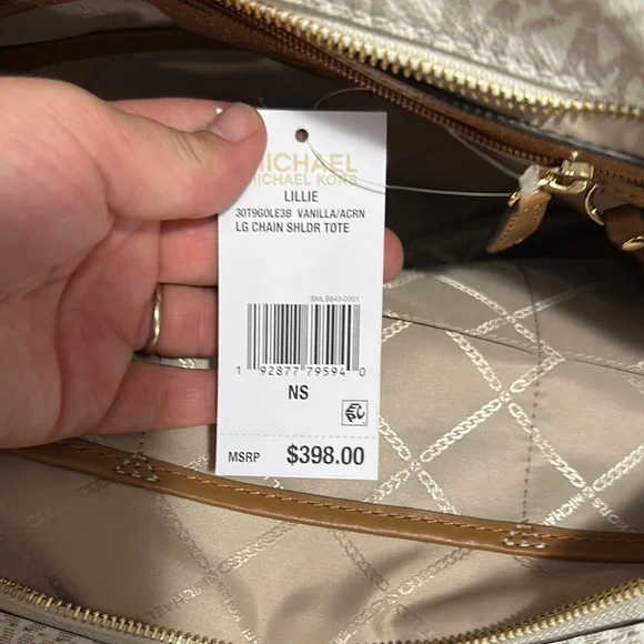 Michael Kors Large Chain Shoulder Tote “Lillie” White and Brown - Picture 3 of 7